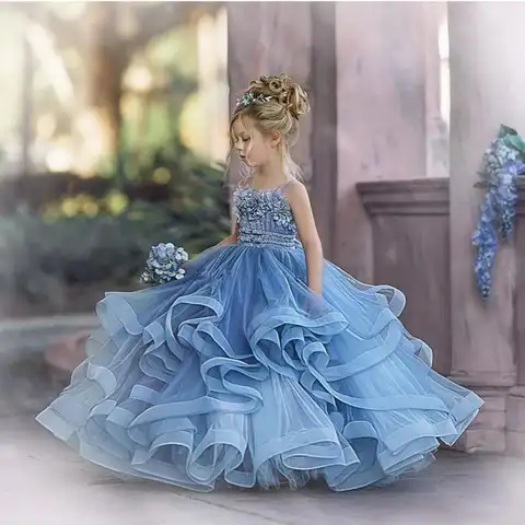 Пыльное синее платье с цветочным рисунком для девочек, свадебное платье, свадебное платье, детское нарядное платье, Тюлевое платье с оборка...