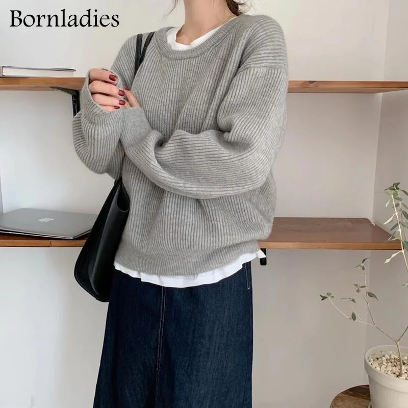 

Bornladies 2022 Autumn Loose O-Neck Womens Knitted Sweaters Regular Winter Clothes for Women Warm Pullovers Argyle Sweater