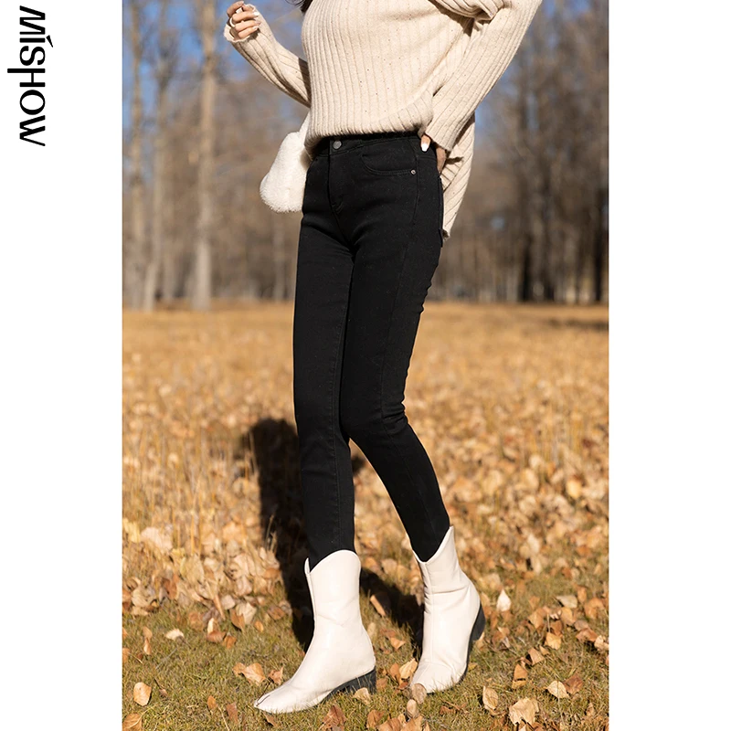

MISHOW 2021 Winter Pants For Women Fashion Warm Trousers High Waist Slim Jeans Female Bottoms MXA45K0142