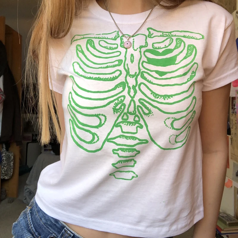 

Women's Basic Skeleton Print T Shirt Summer Short Sleeve Round Neck Loose Fit Tops