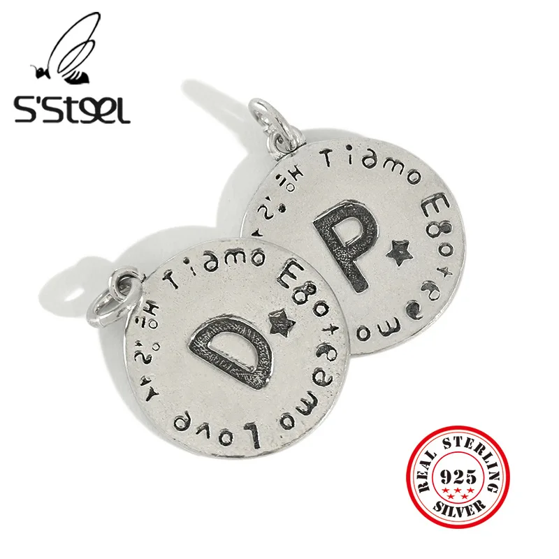 

S'STEEL A-Z Letter Pendants 925 Sterling Silver For Women Vintage Round Necklaces Pendant Colgantes Plate De Ley Fine Jewellery