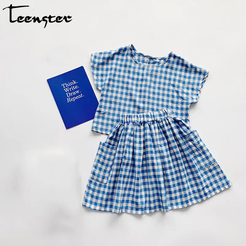 Teenster Детские наряды милые корейские для девочек летняя детская одежда клетчатый