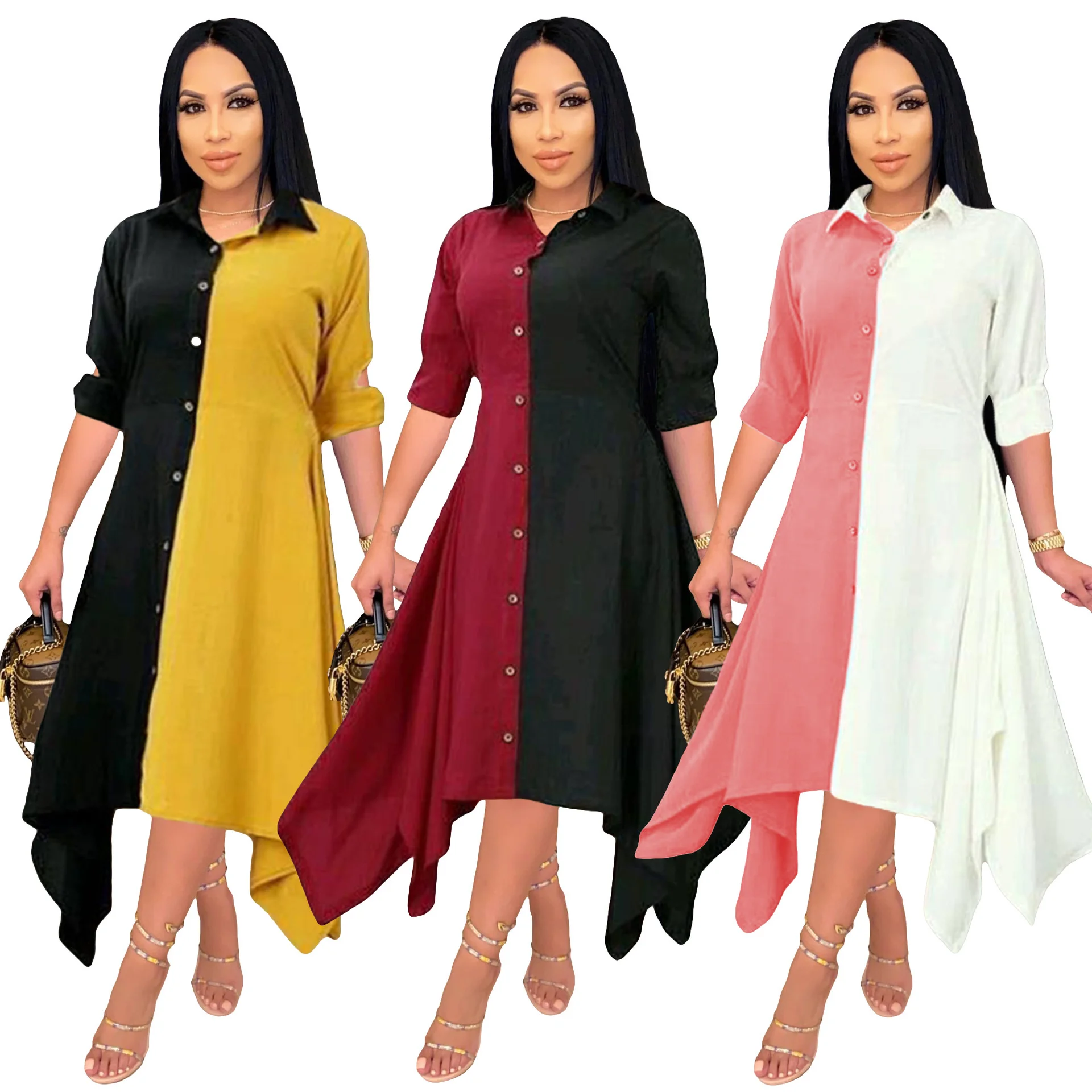 

Zoctuo Party Club Night Dress Long Sleeve Color Patchwork Casual Shirt Dresses Turn Down Collar Irregular Slit Autumn Vestidos