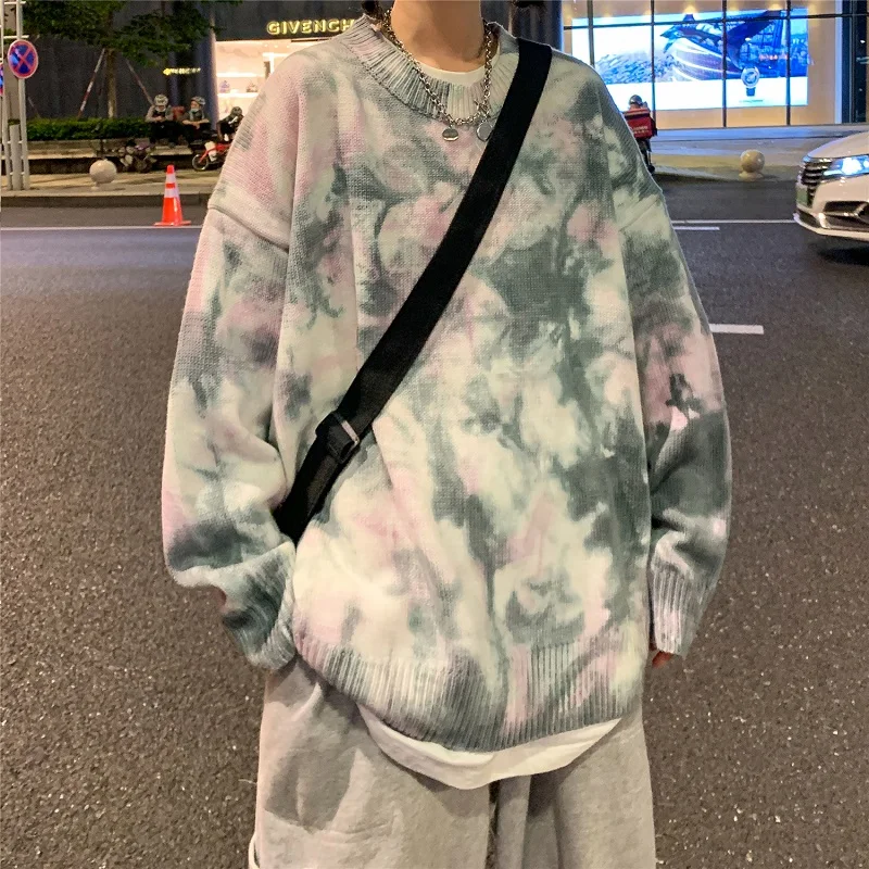 

Autumn and winter new trend tie-dye crew neck sweater tide brand loose knit pullover couple outfit
