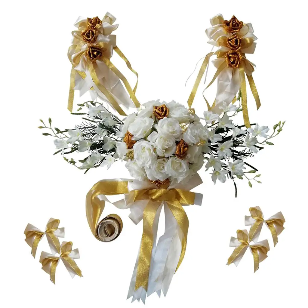 

MagiDeal 12pcs/Set Wedding Car Decorations Kit DIY Artificial Silk Flower Ribbon Bows Car Roof Door Mirror Wedding Supplier
