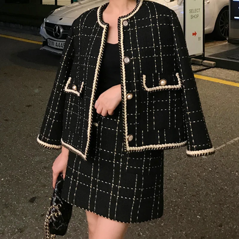 

European Style Autumn Winter 2 Short Women's Conjunct Ln Tweed Coat Bodycon Mini Exit Suit For Two Parts