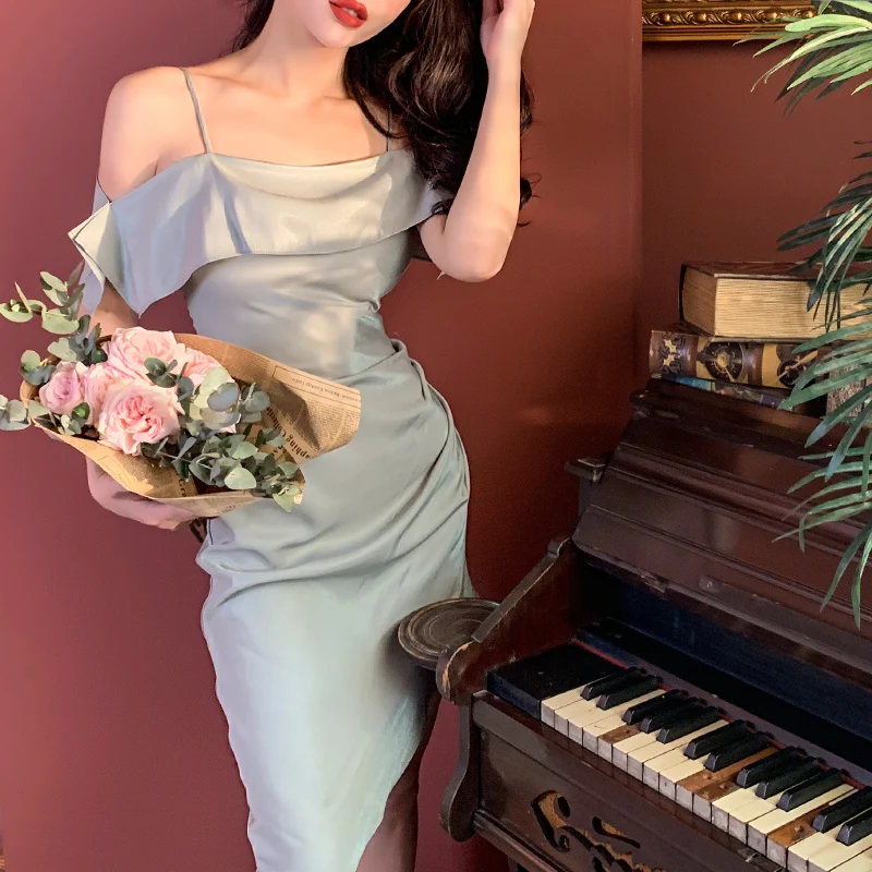

2019 Super Fairy's Light Green Slash Neck Fold Irregular Spaghetti Strap Solid High Street Dress