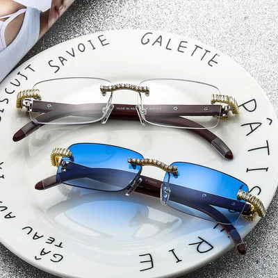 

New fashion men and women with diamond sunglasses frameless flat mirror wooden optical glasses sunglasses