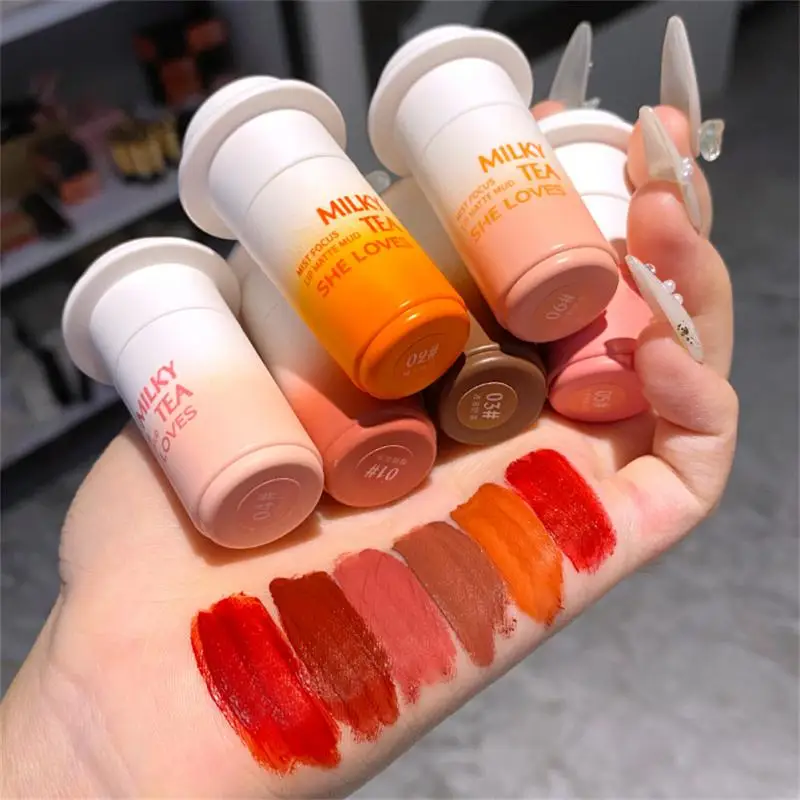 

Помада с молочным чаем, бархатная матовая губная помада, грязевая глазурованная губная помада, водостойкая антипригарная, не выцветает, кра...