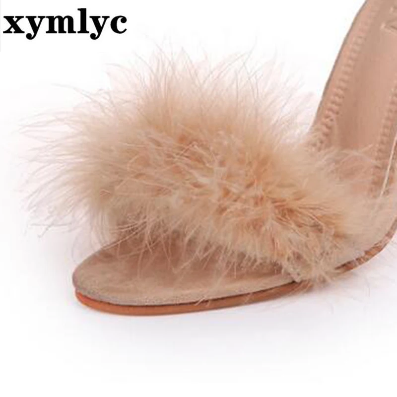 Босоножки женские на высоком блочном каблуке меховые сандалии платформе с