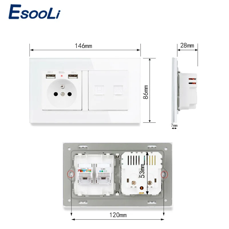 ESOOLI стеклянная панель французская стандартная розетка с 2 usb-портом для зарядки +