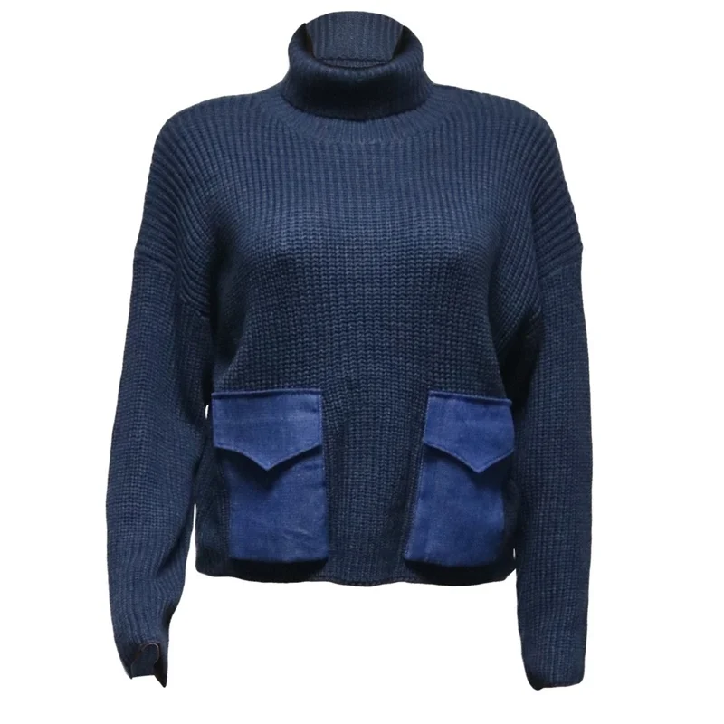 

New Women Sweaters Loose Knitted Pullover Big Pocket Jumper Sweater Turtleneck Long Sleeve Knitwear Top Solid Autumn Warm Hot