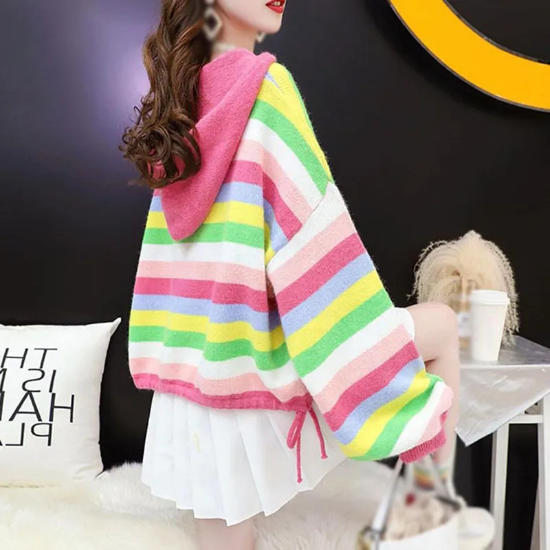 

Autumn Winter Women Sweater Cute Loose Rainbow Striped Sweatshirts Knitted Long Sleeve Hoodies Sweater Harajuku Tops