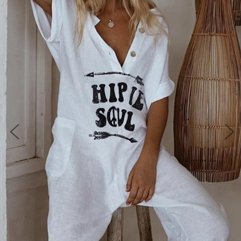 Письмо печати Комбинезон Сыпучие V образным вырезом с коротким рукавом лето