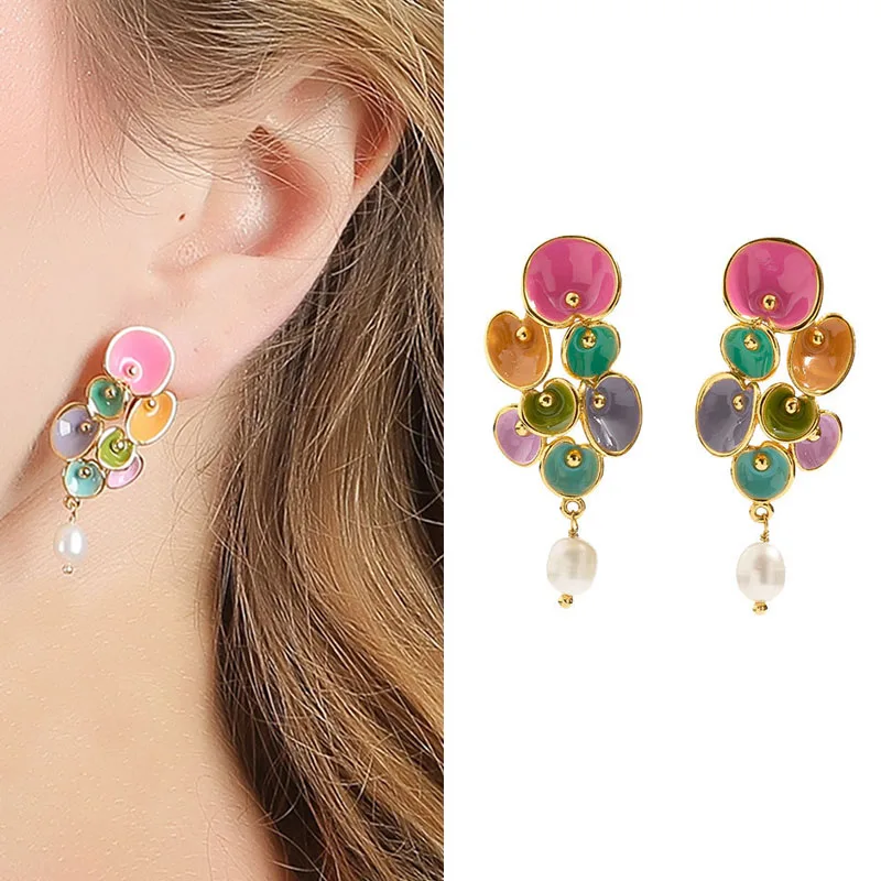 

Women Colorful Irregular Flower Enamel Stud Earrings Jewelry Plant Dangle Earrings Statement Jewelry Oorbellen Voor Vrouwen