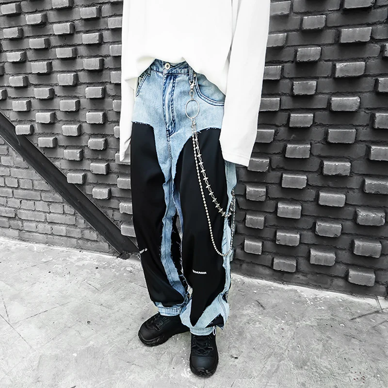 Рваные джинсы Лоскутные хип хоп свободные длинные прямые брюки мужские новые
