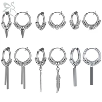 zs 1 piece gothic punk stainless steel hoop earring for men women kpop hiphop tassel feather drop earring rock ear clip jewelry