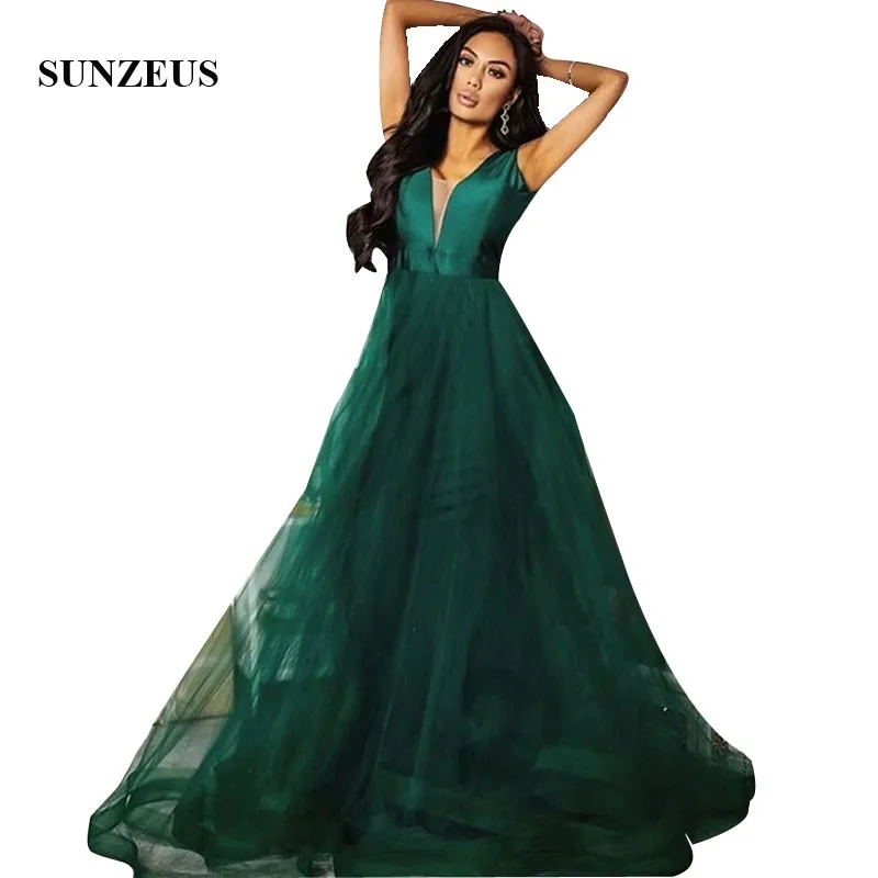 

A-line V-neck Green Prom Dresses 2020 Long Tulle Party Gowns Simple Women Prom Wear vestidos de fiesta largos elegantes de gala