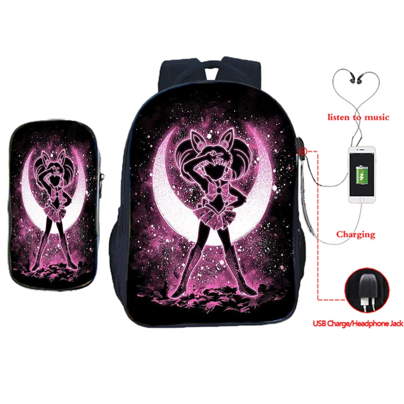 

New Unique Sailor Moon USB Backpack Students Luna School Bag Boys Girls Mamoru Bookbag Rucksack Gift (2pcs Set/backpack+pen Bag)