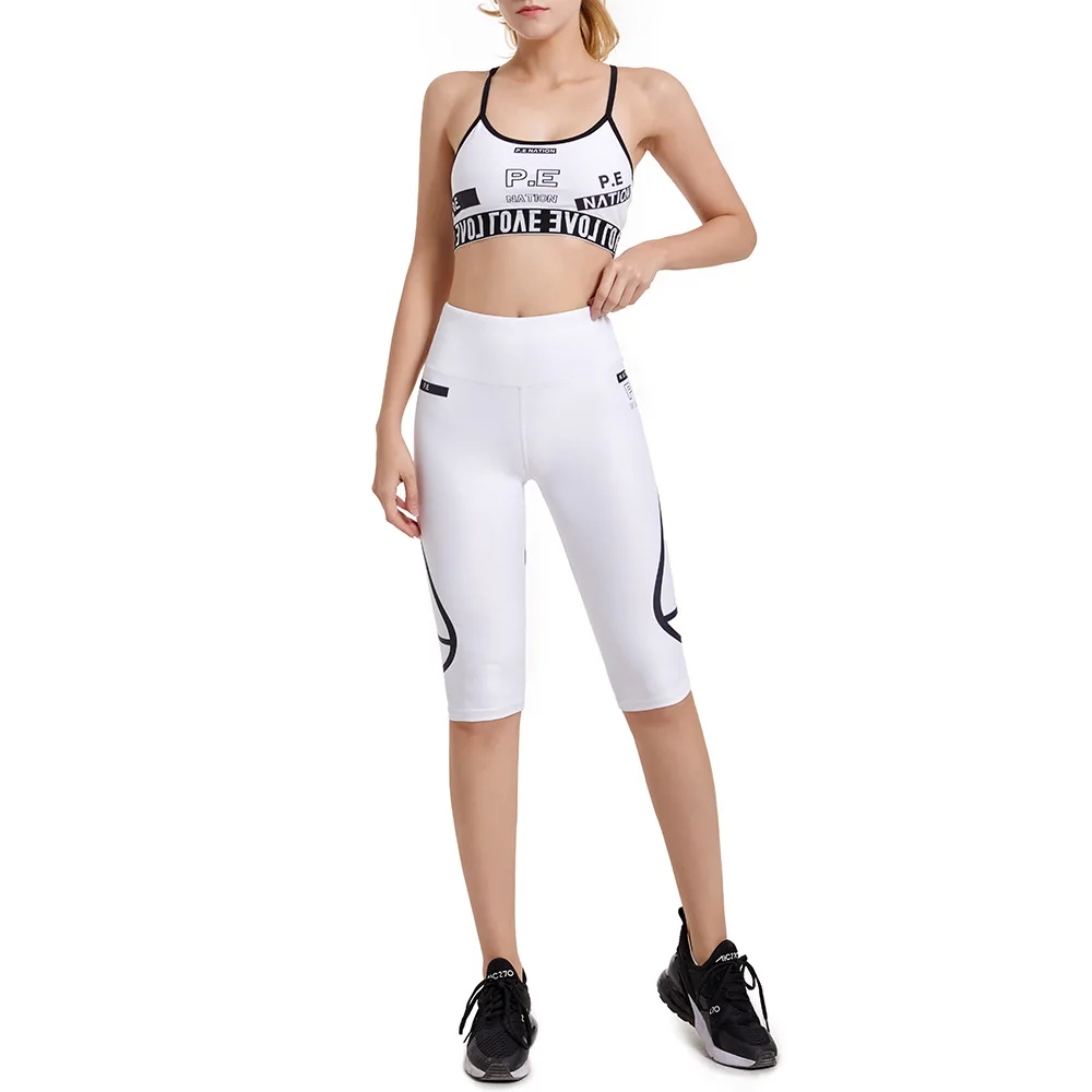 

2 Piece Women Yoga Set Mid Waist Five Point Pants Printed Impact Padded Sports Bra Without Rims Shock Running Gym Leggings Set