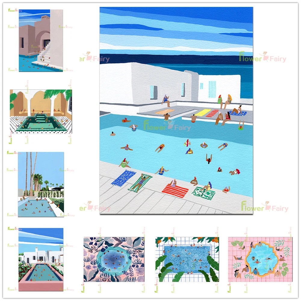 

Villa Hot Springs Pool Party Wall Art Canvas Painting Illustration Scenery Nordic Poster Wall Pictures For Living Room Unframed