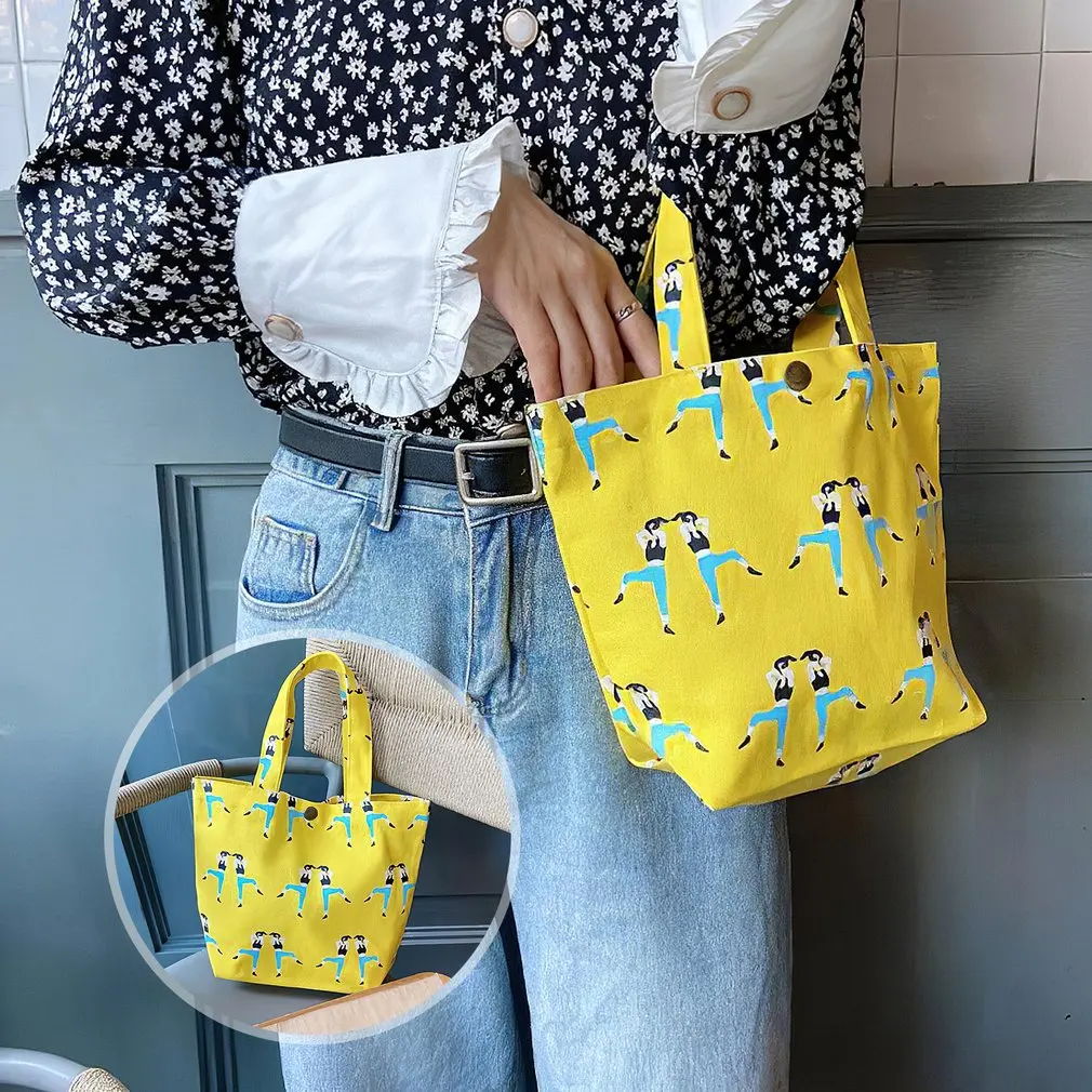 

Lunch Solid Color Canvas Small Cloth Bag Portable Canvas Lunch Box Cosmetic Bag Clutch Storage Female Bag With Copper Buckle