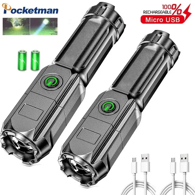 

2pcs Super Bright Flashlights Multi-Function 3 modes Focusing Flash Light USB Rechargeable Zoom Xenon Forces Strong Light Torch