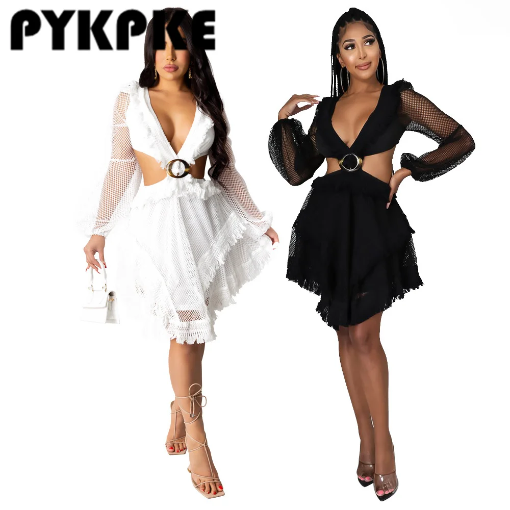 

Women Mini Dress Solid Long Sleeve V-neck Bandage Hollow Out A-line Dresses Fashion Party Vestidos Summer