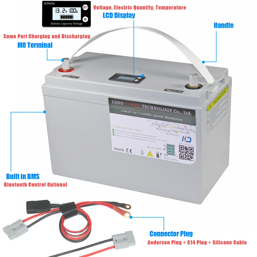 Аккумулятор LiFePO4 12 В 100 Ач 200 ач с bluetooth BMS 10 А зарядное устройство
