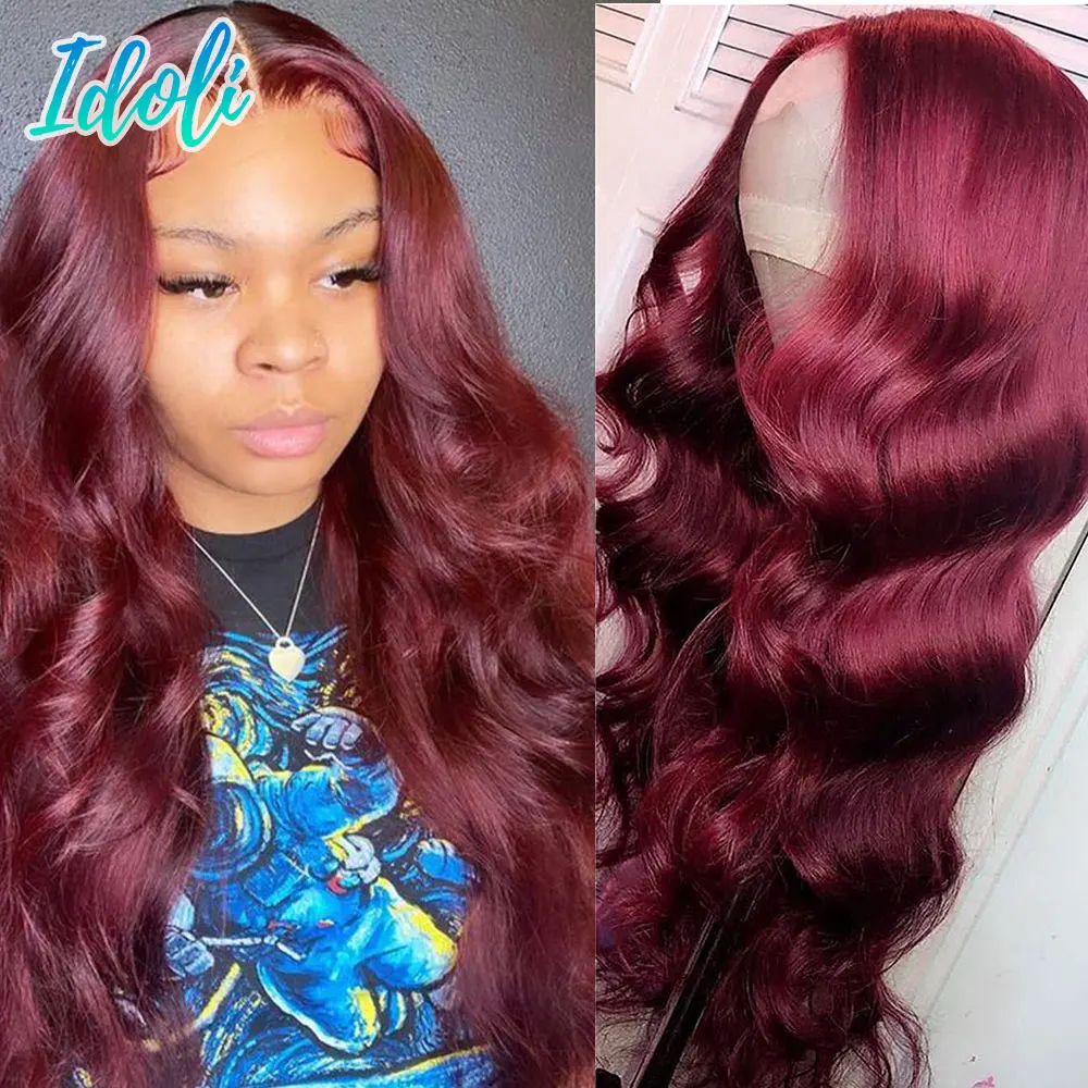 

Body Wave Lace Front Human Hair Wig 99J Burgundy Colored Brazilian Lace Frontal Wigs 180% Density Pre Plucked Lace Closure Wig