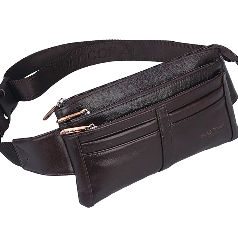 

Men Genuine Leather Fanny Bag Single Chest Pack Bags Travel Rider Multi-Pockets Belt Waist Pack Bag