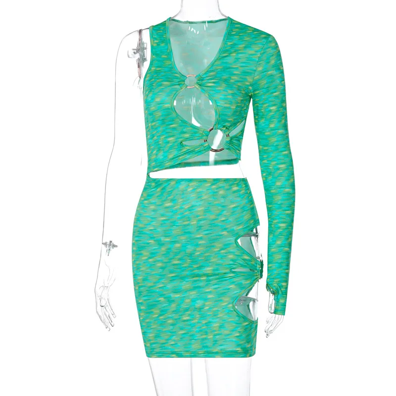 

One-Shoulder Green Dress Short Deep V-Neck Hollow Out Female Sexy Mini Skirt Nightclub Party Outfits Tight Slim Women Clothes