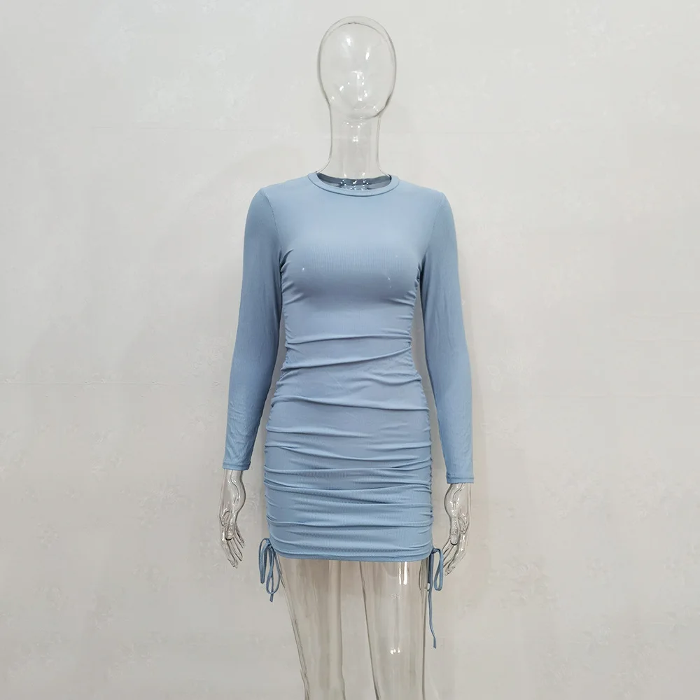 

BOOFEENAA Autumn 2020 New Fashion Long Sleeve Dresses for Women's Clothes Sexy Side Drawstring Bodycon Mini Dress C14-BE28