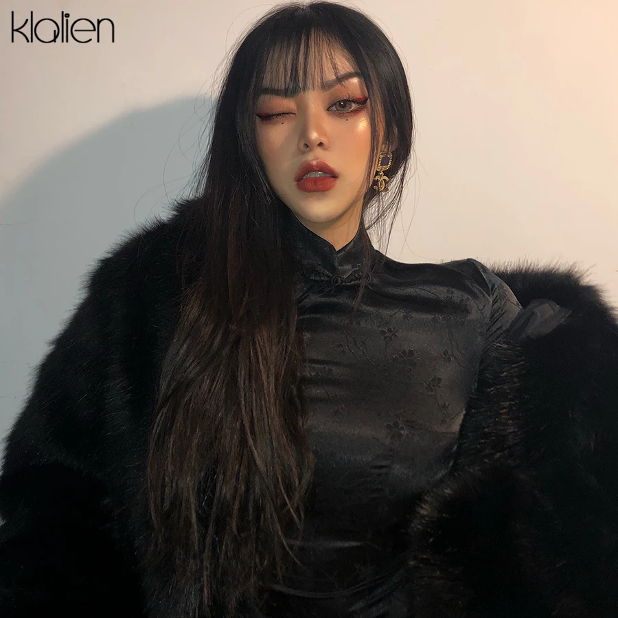 Женское атласное платье KLALIEN Черное длинное в стиле Ципао с однотонным принтом