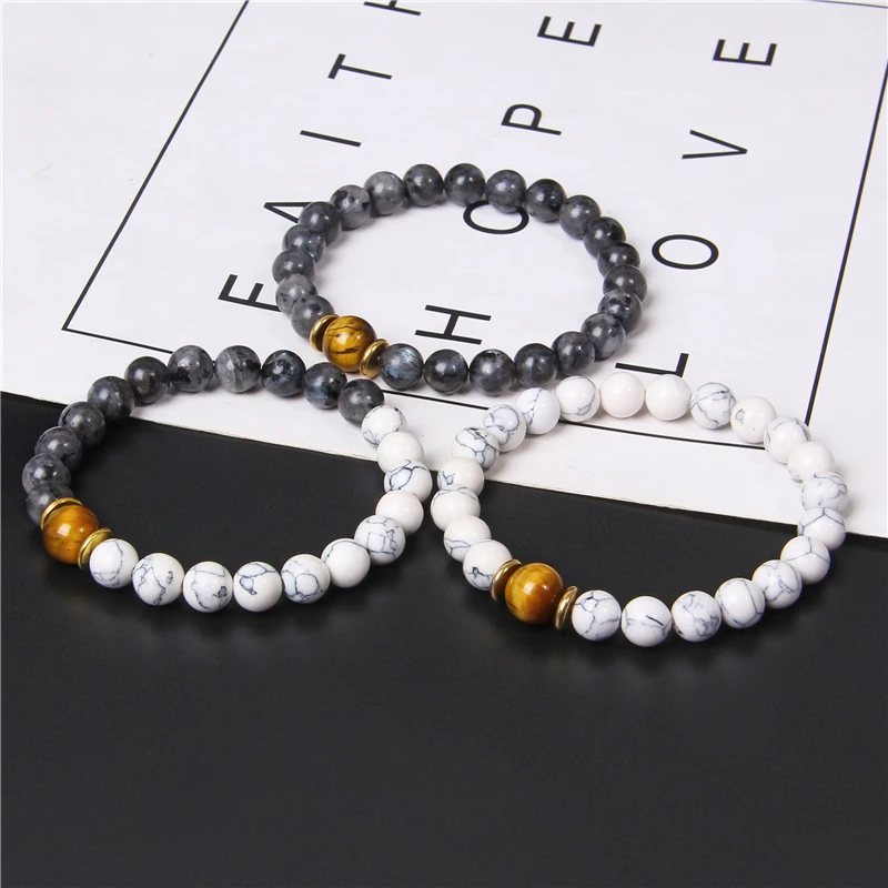 Модный мужской браслет натуральный круглый лабрадорит каменные бусины белый с