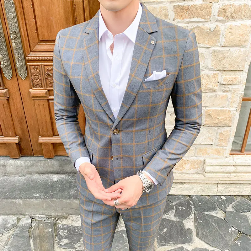

Jacket+Pants Spring New Plaid Suit Men Clothing 2021 Simple All Match Slim Fit Wedding Dress Business Formal Wear Plus Size 4XL