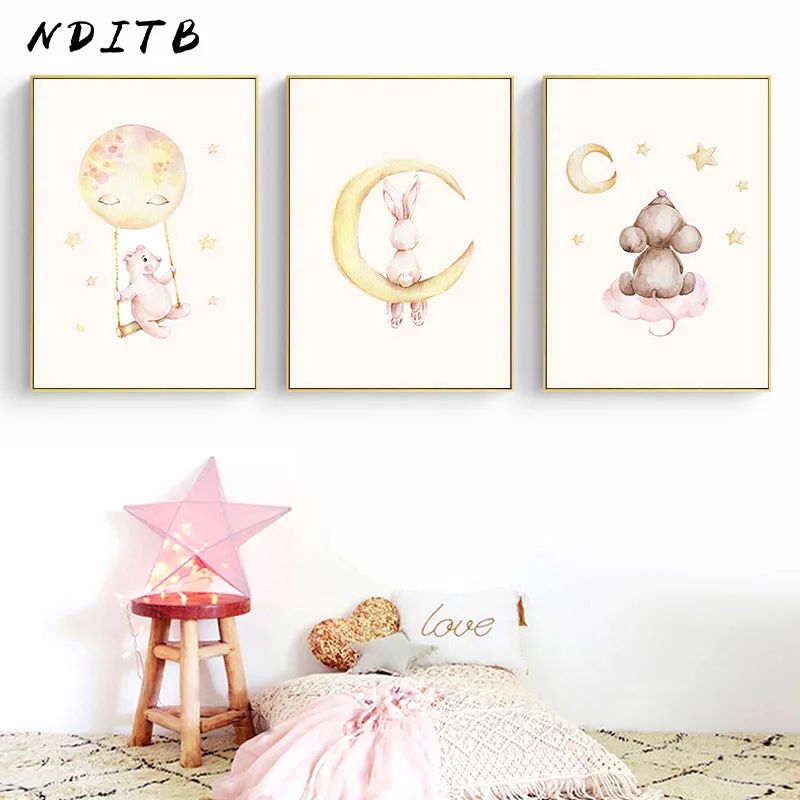 Детские настенные художественные картины на холсте Луна мультфильм животное
