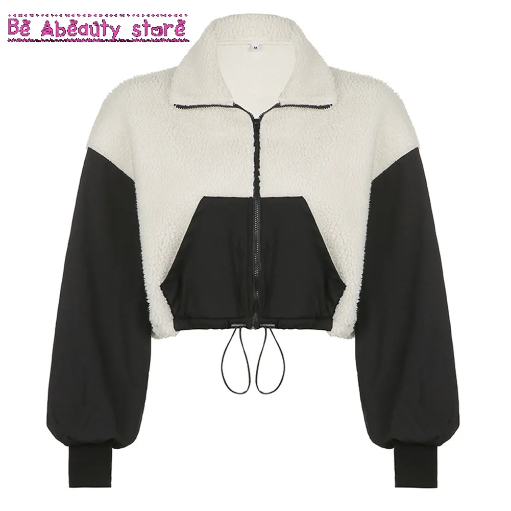 

Autumn Winter Patchwork Jacket Contrast Lapel Lamb Wool Coat Zip Up Casual Cropped Jackets Korean Outwear