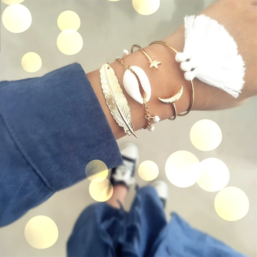 4 шт./компл. в этническом стиле для женщин браслеты листьев виде ракушки Луна