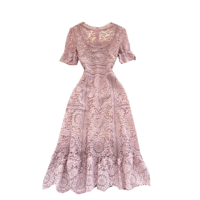 

2021 New Summer Women Short Sleeve Slim Long Dress High-end Custom Hook Flower Hollow Mermaid Hem Chemical Lace Dress