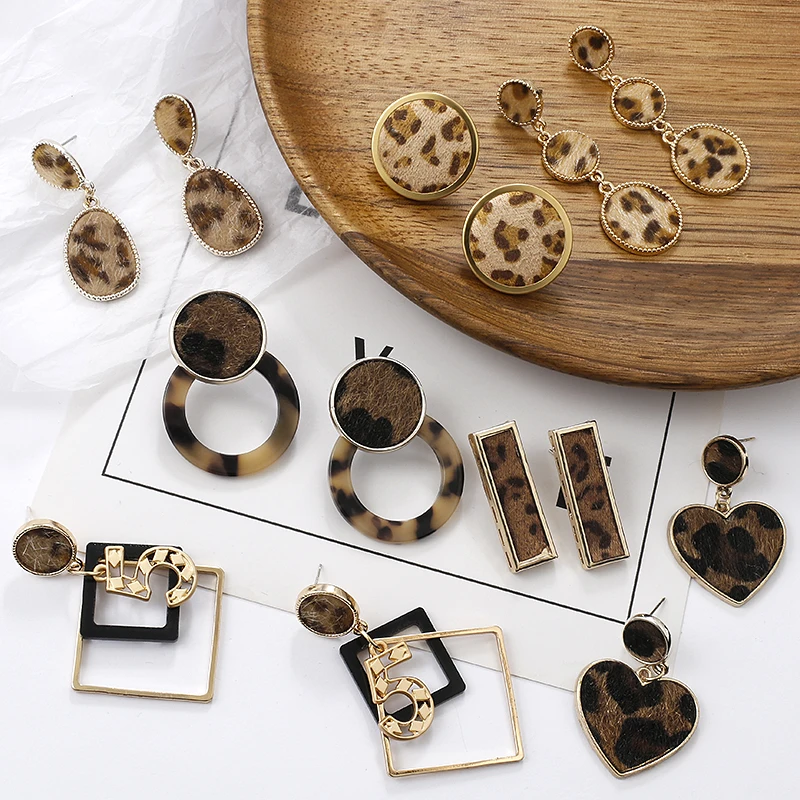 

AENSOA Fashion Leopard Geometric Dangle Drop Earrings For Women Vintage Square Round Statement Long Earring pendant Jewelry