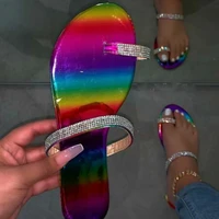 rainbow print flat bottom non slip flip flop spring summer 2020 women toe ring sandals outdoor wild rhinestone beach slippers