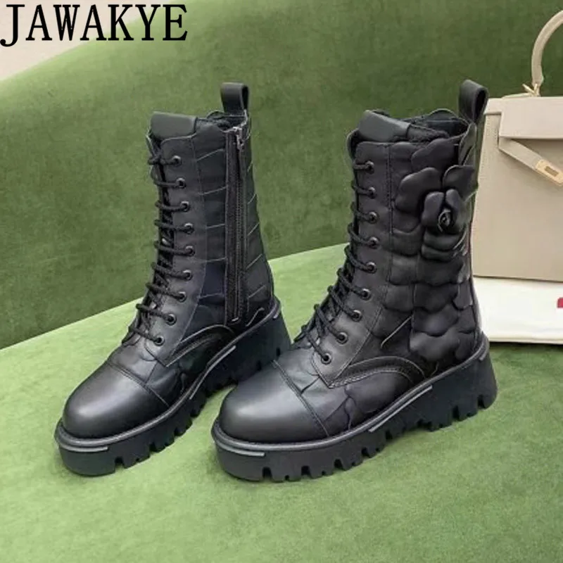 

Женские ботинки мартинсы из натуральной кожи, Черные ботильоны с лепестками цветов, мотоциклетные ботинки, новинка зимы 2021