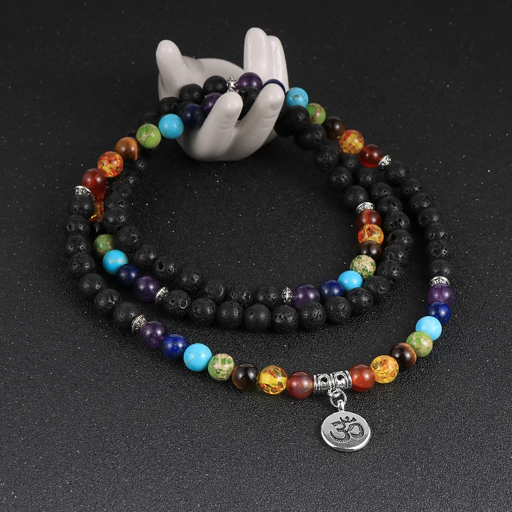 Women Men Natural Stone 7 Chakras 8mm Beads Necklace 108 Male Beaded Stand Yoga Healing Reiki Lotus OM Buddha Charm Jewelry | Украшения и