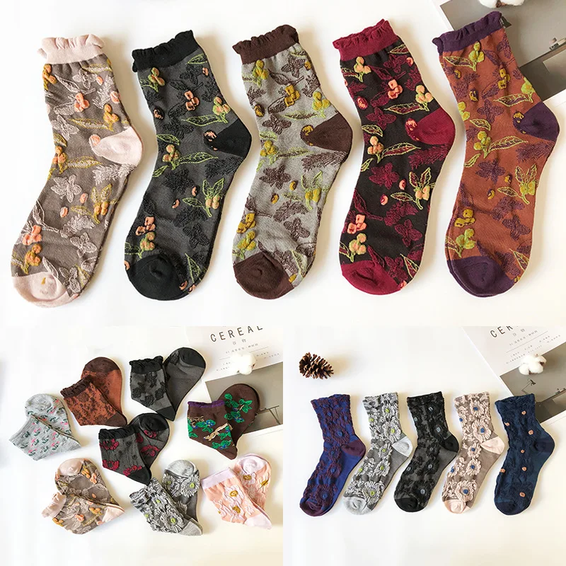 

5 пар шелковые носки с большими цветами, носки в стиле Харадзюку, винтажные японские носки, женские эластичные носки, женские рождественские...