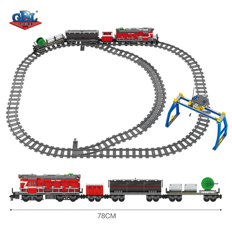 

1080Pcs Technic Battery Operated DF5 Railway Train Brinquedos Building Blocks Conductor Driver Figures Flat Trailer Bricks Toys