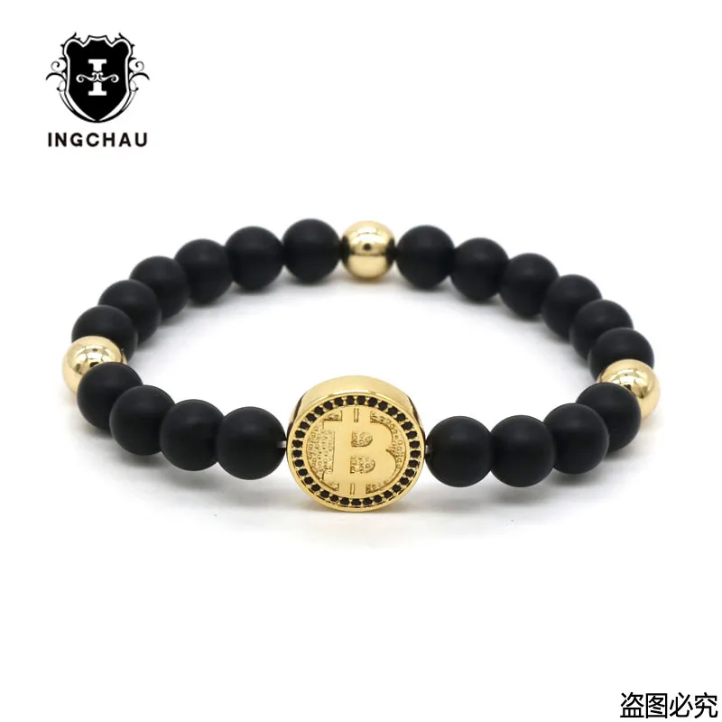 Gold color CZ золотой цвет Биткоин браслет мужской черный матовый камень бисером Роскошные браслеты для мужчин и женщин Pulseira Masculina BT-5 - Окраска металла: Gold color