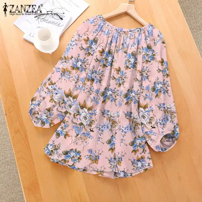 

2022 Autumn Long Sleeve Tunic Women Elegant O Neck Blusa Lady Casual Pleated Chemise Oversize ZANZEA Holiday Floral Printed Tops