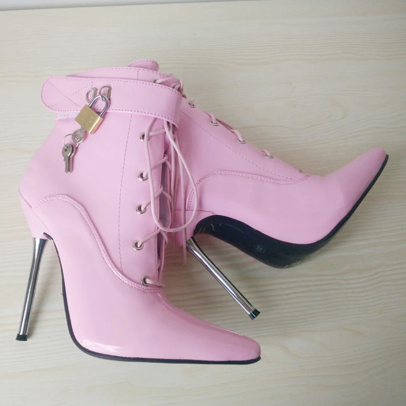 Online Sepatu Bot Semata Kaki 12CM Hak Tinggi Ujung Lancip Stiletto Hak Logam Renda Sepatu Bot Dapat Dikunci Seksi Dengan Kunci Ukuran 36-46