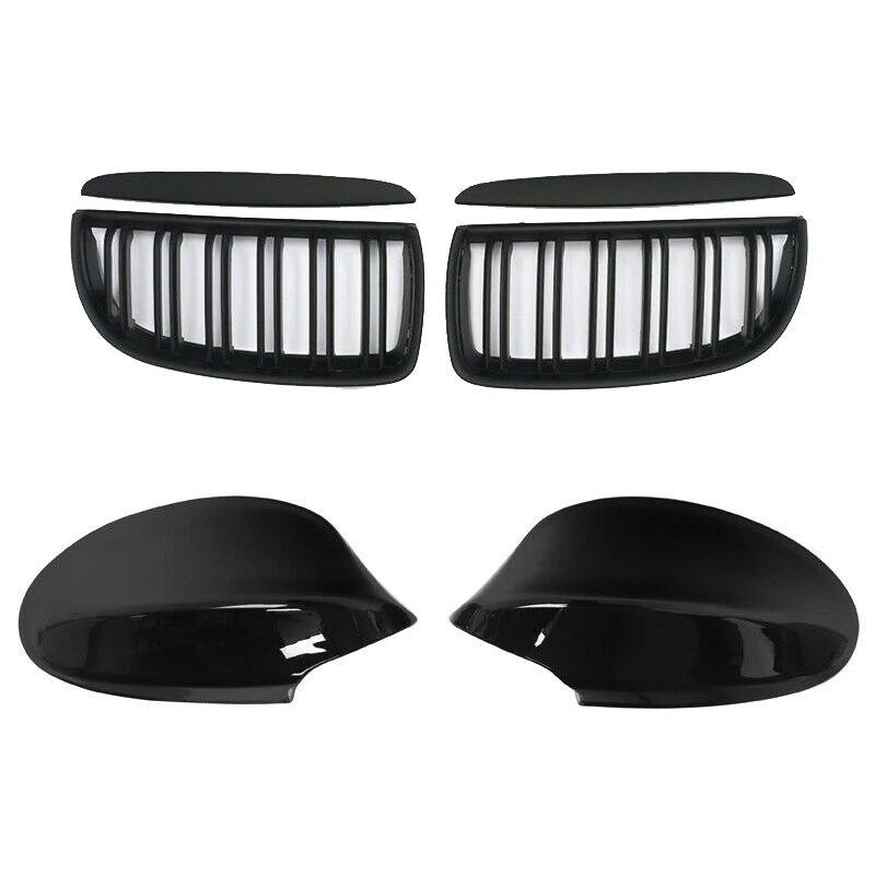 

Front Bumper Kidney Grill Replacement Dual Slat Grilles Matt Black with 1 Pair Rear View Mirror Cover Caps